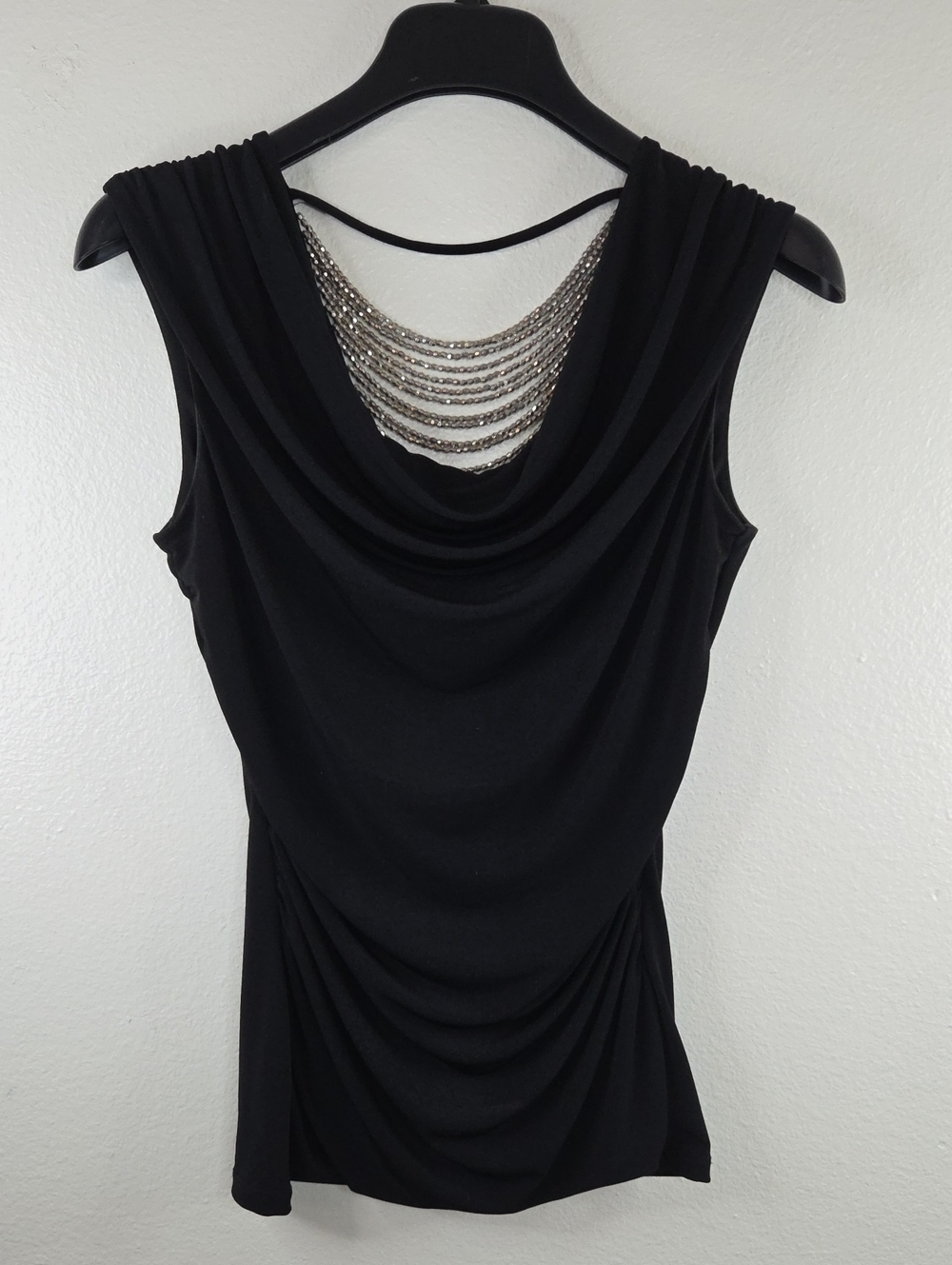 A. Byer Black Draped Cowl Neck Tank with Silver Rhinestone Chains Detail. EUC